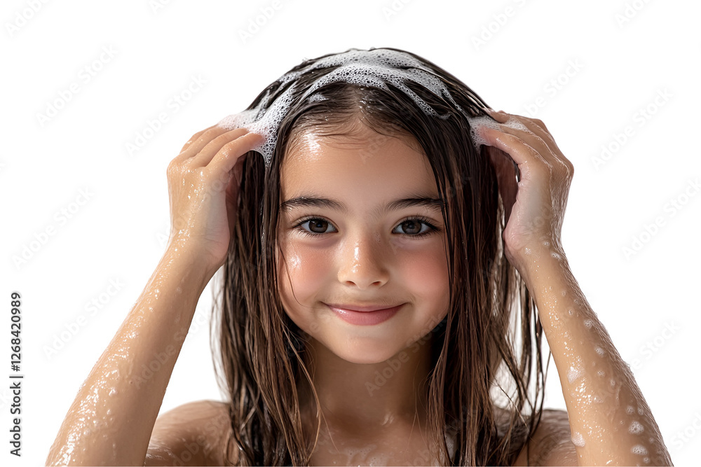 Fototapeta premium A young girl taking care of her hair: Combing with her hands, using hair conditioner on long straight hair, isolated on white background 