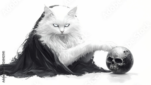 Linda gatita blanca y esponjosa sentada aislada sobre fondo blanco. Void-Touched Sorcerers. Illustration