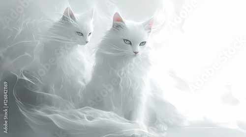 Linda gatita blanca y esponjosa sentada aislada sobre fondo blanco. Void-Touched Sorcerers. Illustration