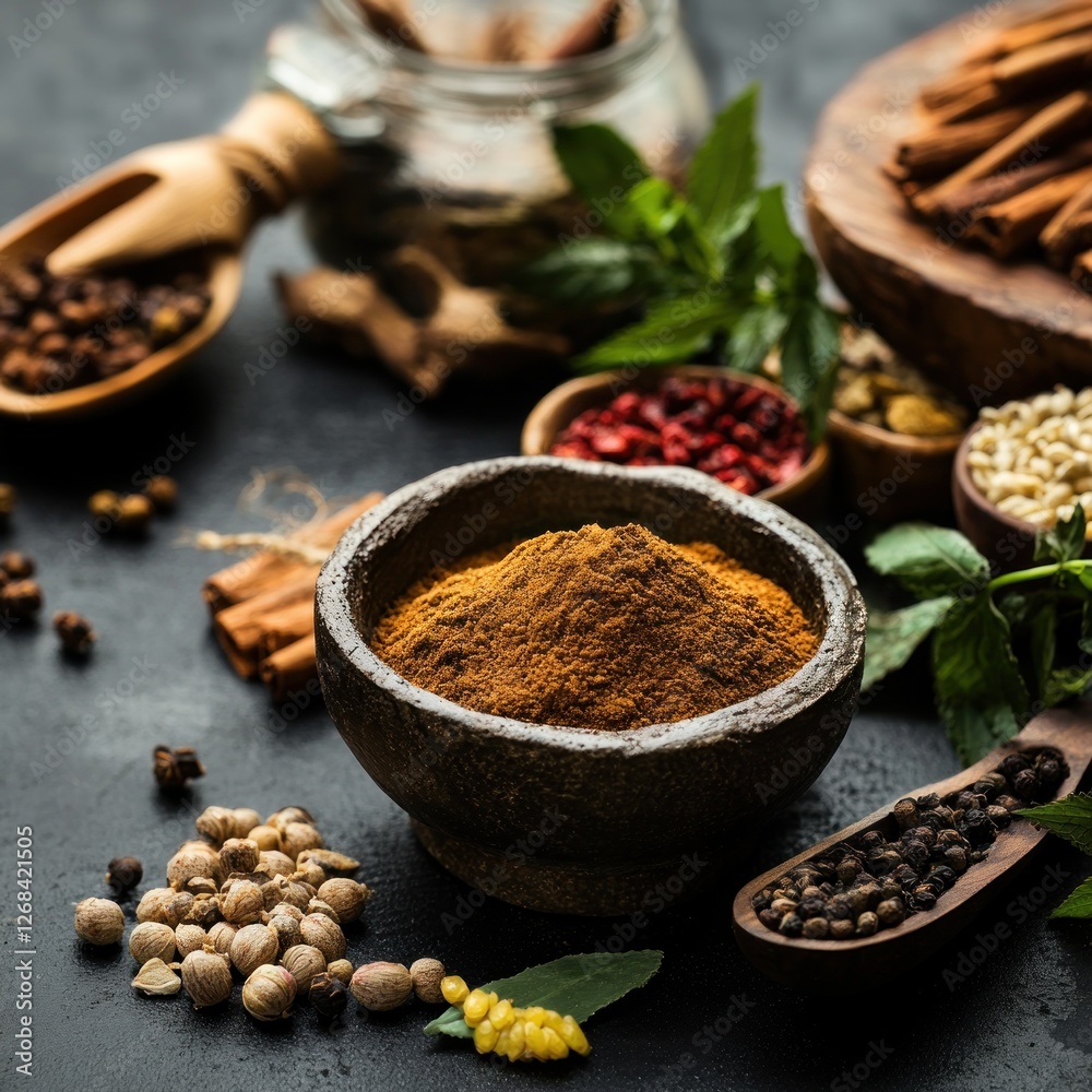 Aromatic spices and herbs on dark background Aromatic spices and herbs on dark background