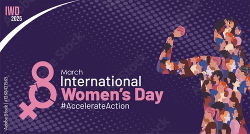 International Womens Day 8 March 2025 Campaign Banner with Group of Women in Different Ethnicity Show Strong Gesture Arm. IWD 2025 #AccelerateAction Campaign Banner. 