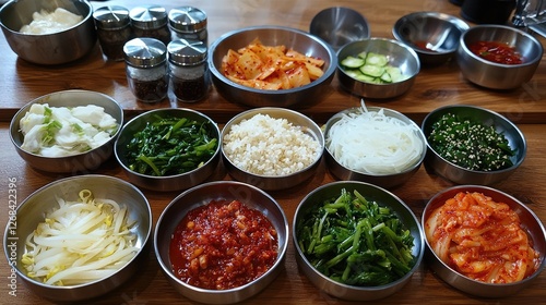 Assortment of korean side dishes served in small metal bowls