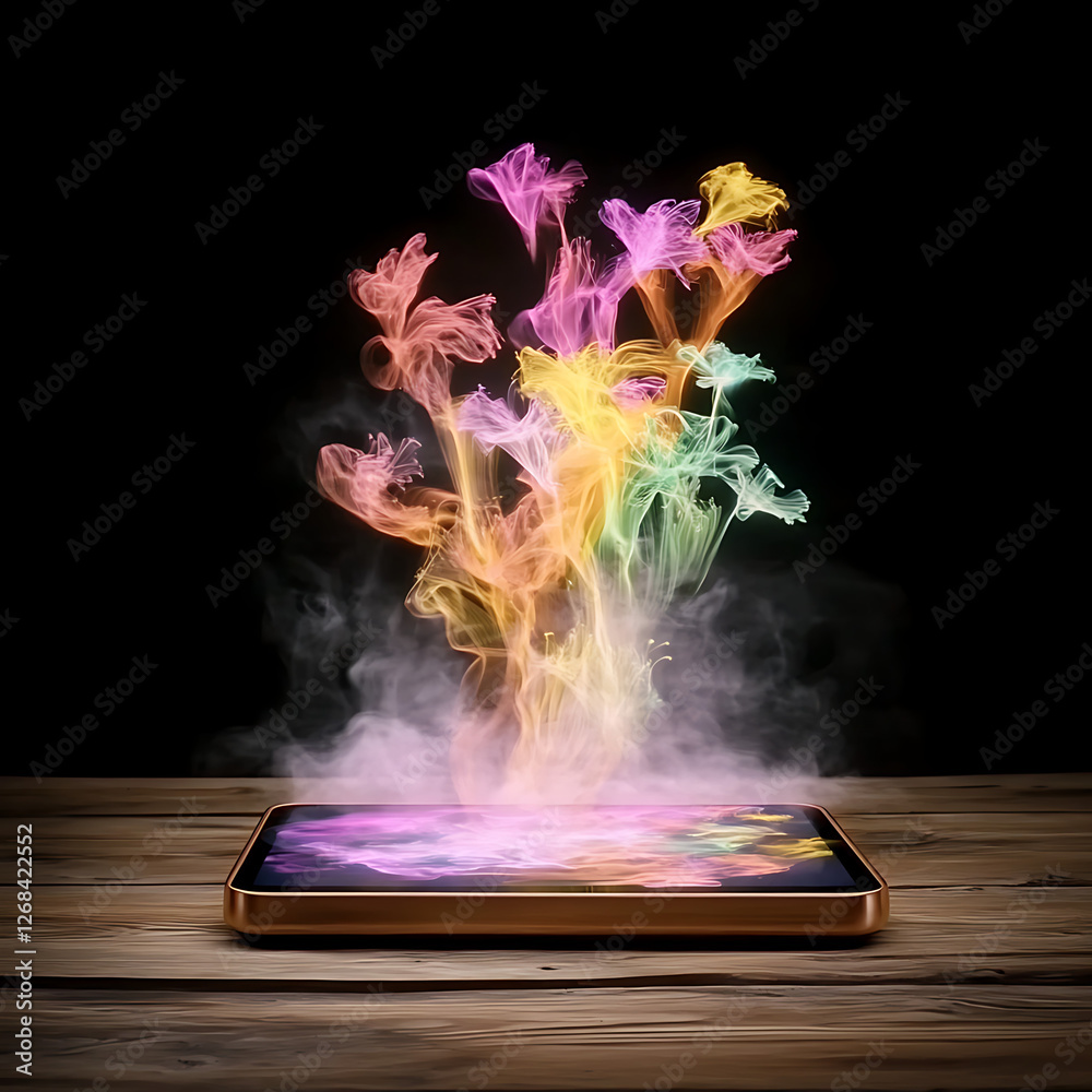 Magical Display of Floral Smoke Emanating from Digital Device on a Rustic Wooden Surface Aesthetic Magical Display of Floral Smoke Emanating from Digital Device on a Rustic Wooden Surface Aesthetic