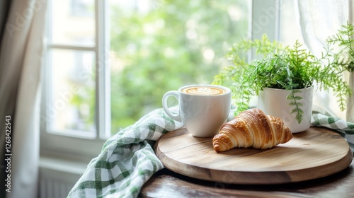 Morning coffee, croissant, plant, window, home, breakfast, relaxing, calm, serenity, stock photo
