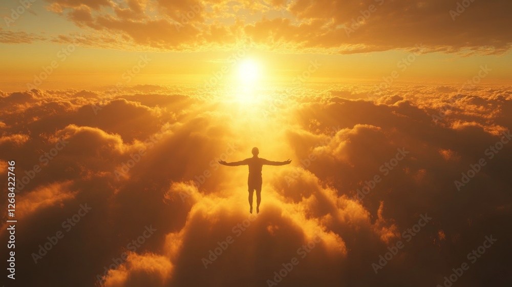 Ascending figure in golden light above clouds evokes freedom and transcendence feeling Ascending figure in golden light above clouds evokes freedom and transcendence feeling