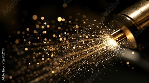 Fuel injector spraying gold, close-up, dark background, automotive technology