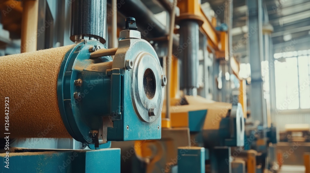 Fototapeta premium Industrial wood processing plant, machinery close-up, sawdust, factory interior
