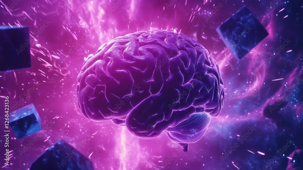 Glowing brain, energy bursts, cube background; AI, neuroscience concept Glowing brain, energy bursts, cube background; AI, neuroscience concept