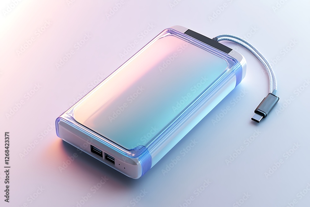 Modern, Transparent Power Bank with Subtle Gradient Colors. Modern external portable chargers on white.Modern smart phone charging with help of big power bank. Using powerbank for charging devices, sm Modern, Transparent Power Bank with Subtle Gradient Colors. Modern external portable chargers on white.Modern smart phone charging with help of big power bank. Using powerbank for charging devices, sm