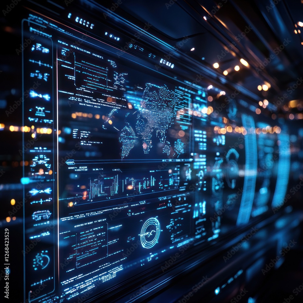 Global data visualization screen; futuristic control room background; monitoring world network Global data visualization screen; futuristic control room background; monitoring world network