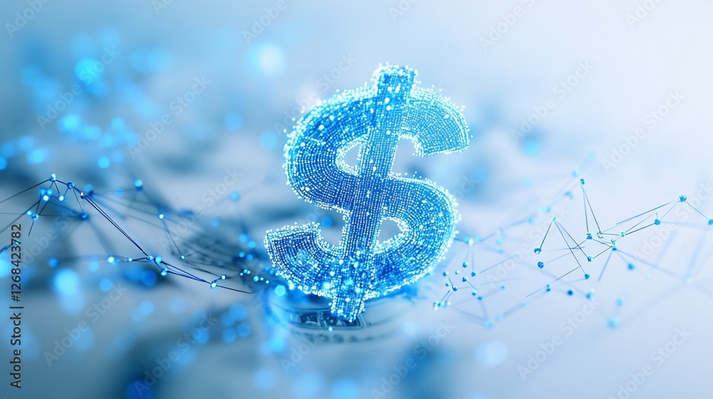 Fototapeta premium Abstract glowing blue dollar sign, digital finance concept.
