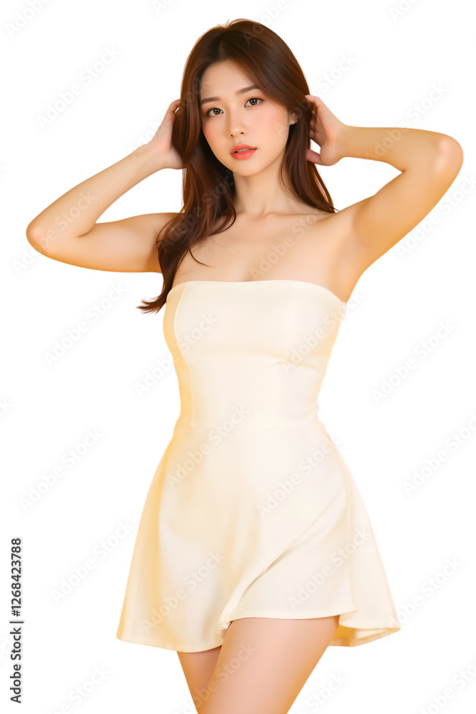 Asian woman wearing a Strapless dress on transparent background Asian woman wearing a Strapless dress on transparent background