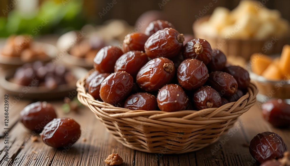 Fresh dates in a rattan basket on a wooden table as a dish to break the fast