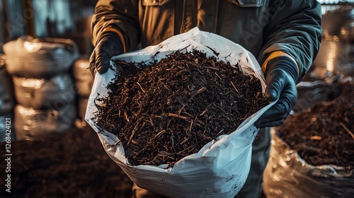 Hands holding a bag of rich compost material.