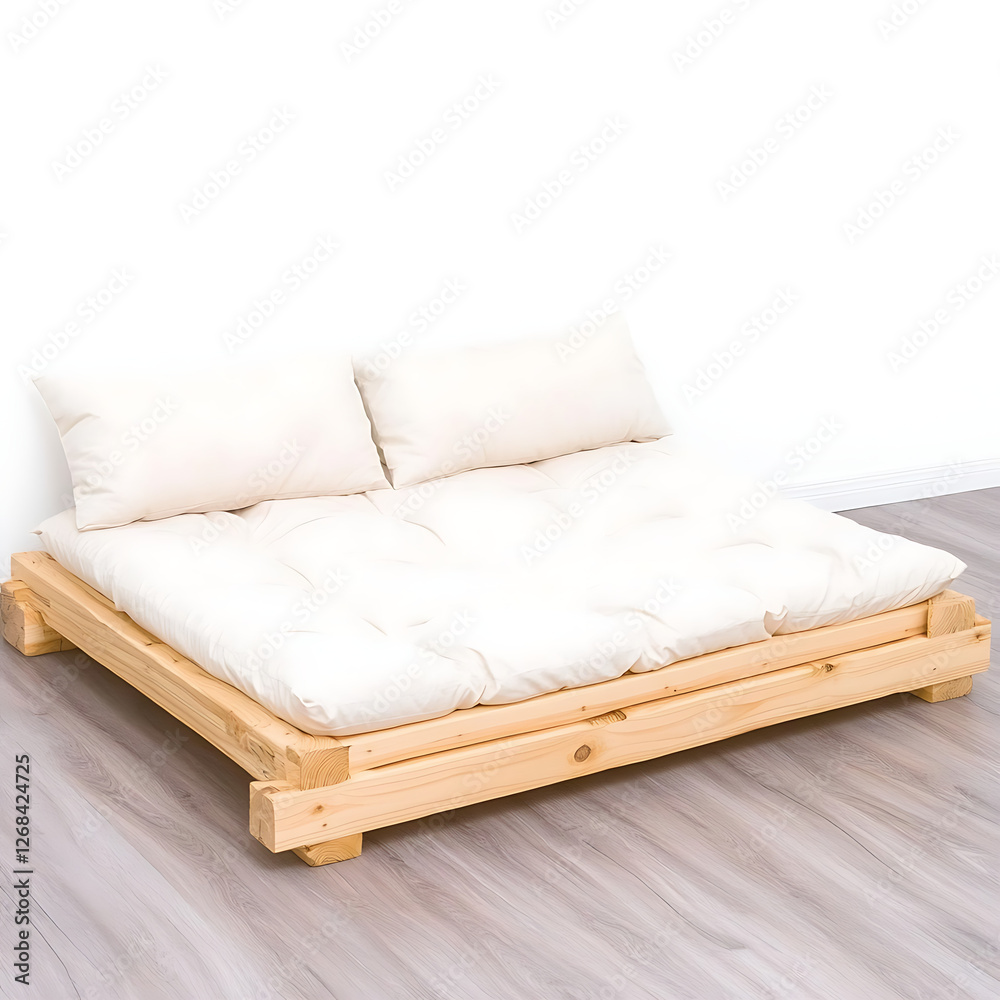 Obraz premium Minimalist Wooden Bed Frame with Cream Mattress and Pillows in a Bright Interior Setting