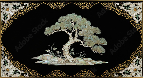 Traditional Korean mother-of-pearl inlay design featuring a majestic pine tree, symbolizing resilience and longevity, set against a black lacquer background with iridescent nacre, gold embellishment