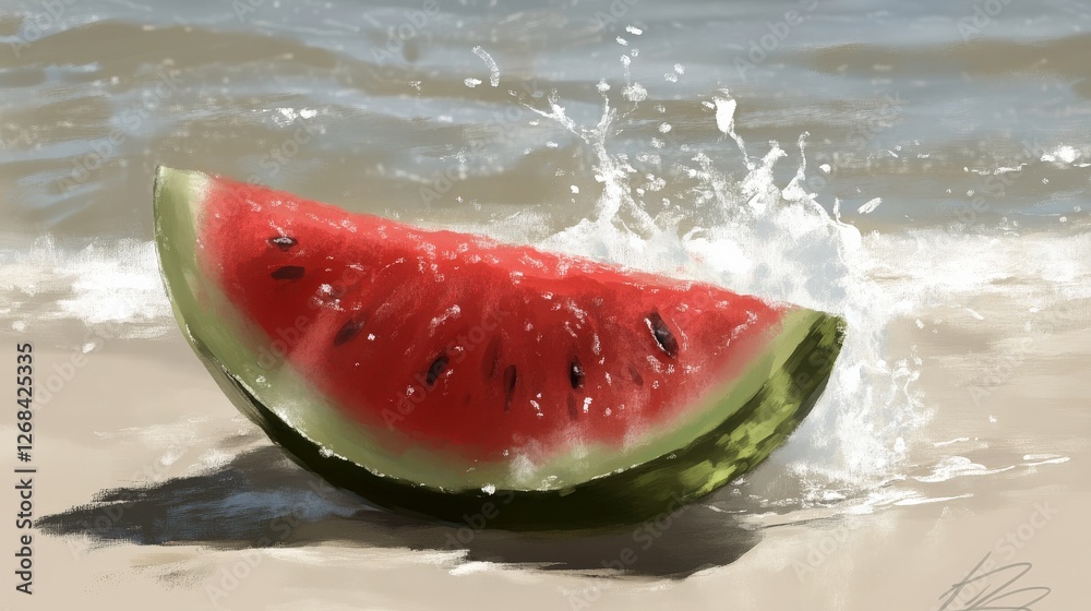 Vivid Watermelon Digital Painting with Water Splash Vivid Watermelon Digital Painting with Water Splash