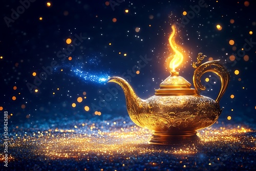 Magical Golden Genie Lamp with Sparkling Dust.  backdrop.Image of magical mysterious aladdin lamp with glitter sparkle smoke over black background. Lamp of wishes.Image of magical myster