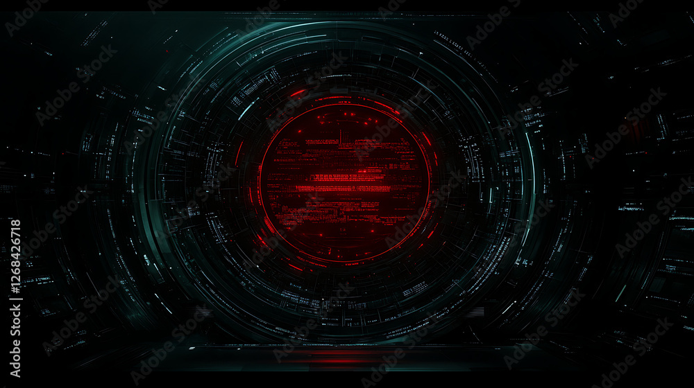 Fototapeta premium Mysterious Futuristic Portal with Glowing Red Center in Dark Technological Environment Abstract