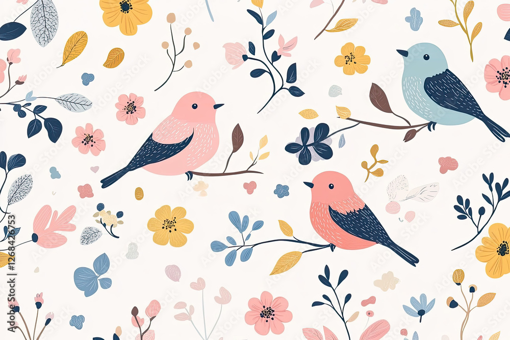 Fototapeta premium A whimsical pattern featuring colorful birds and flowers, ideal for fabric or wallpaper design.