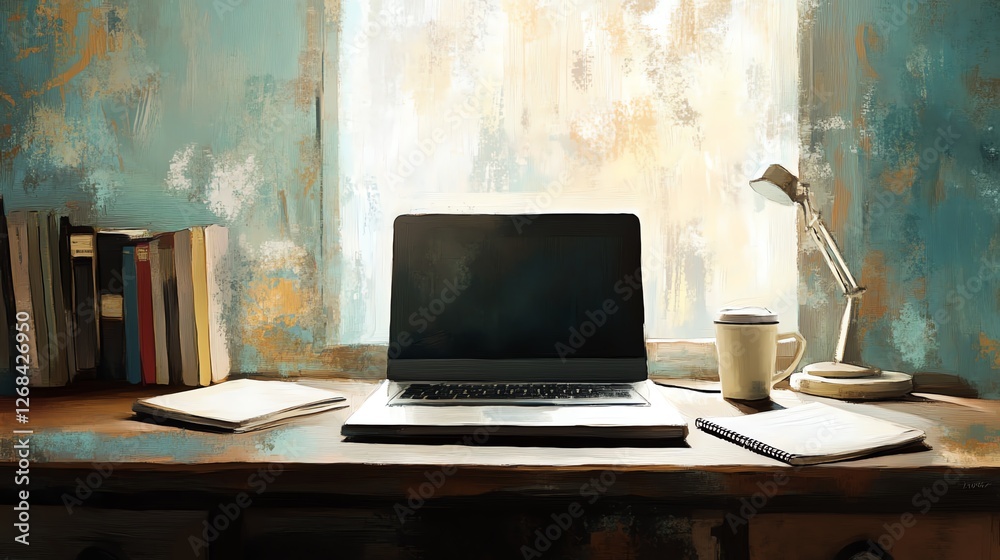 Fototapeta premium A cozy workspace featuring a laptop, books, and a coffee cup.