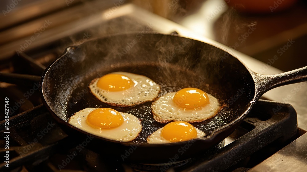 Cooking Fresh Eggs in a Cast Iron Pan with Sizzling Sound