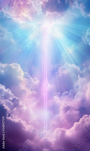 Ethereal skyward radiance painting a pastel canopy with celestial light beams softly descending