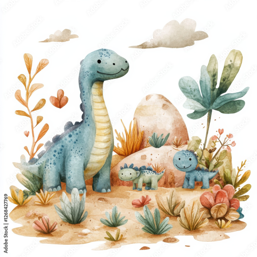 Fototapeta premium Digital watercolor illustration some Dinosaurs living and eating plants on earth for a child book 