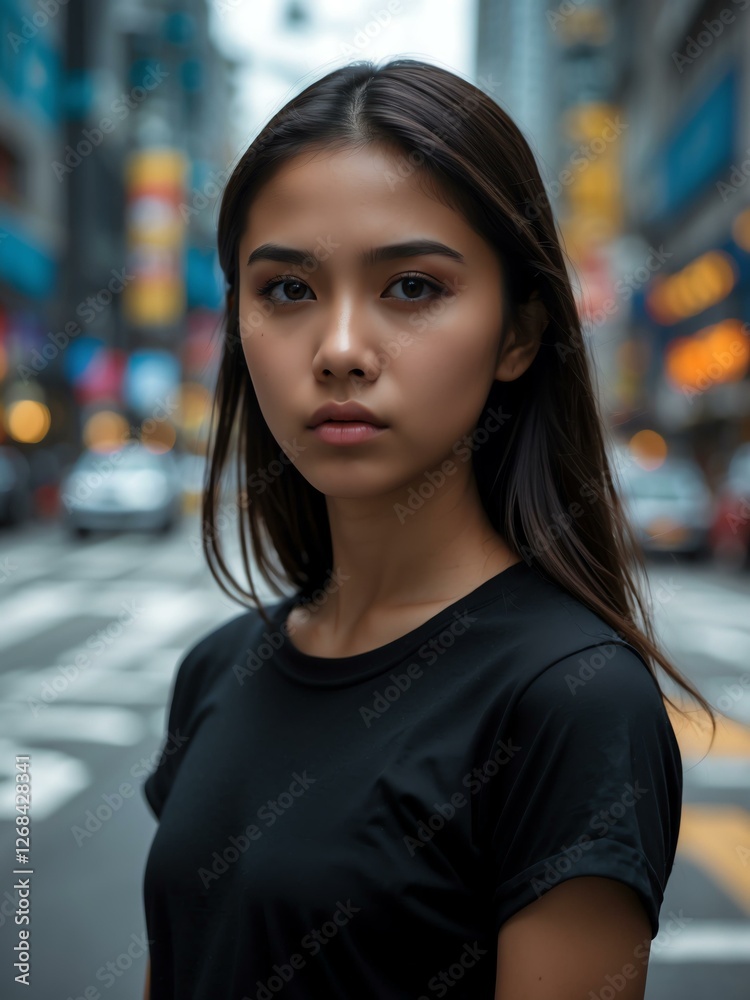 Obraz premium Attractive young filipino girl in black t-shirt portrait on busy city street background, facing front and looking serious