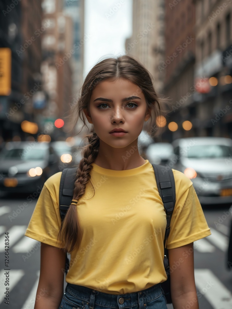 Attractive young american girl in yellow t-shirt portrait on busy city street background, facing front and looking serious Attractive young american girl in yellow t-shirt portrait on busy city street background, facing front and looking serious