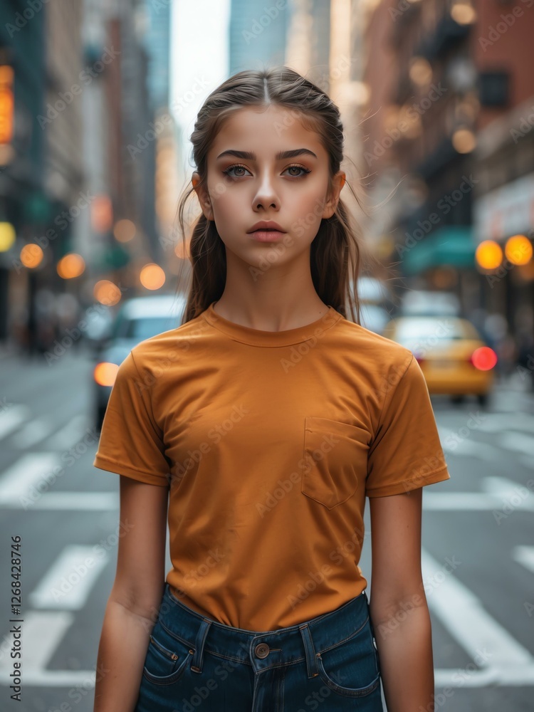 Attractive young american girl in amber t-shirt portrait on busy city street background, facing front and looking serious Attractive young american girl in amber t-shirt portrait on busy city street background, facing front and looking serious