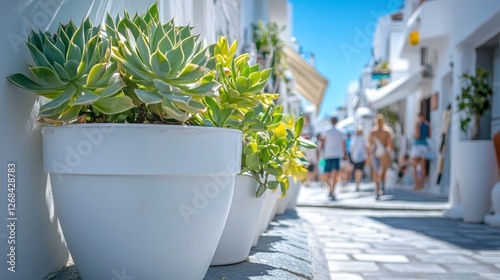 A photo of white flower pots with succulents on the sidewalk in front. The background is white walls and blue sky. People walking around blurred. photo