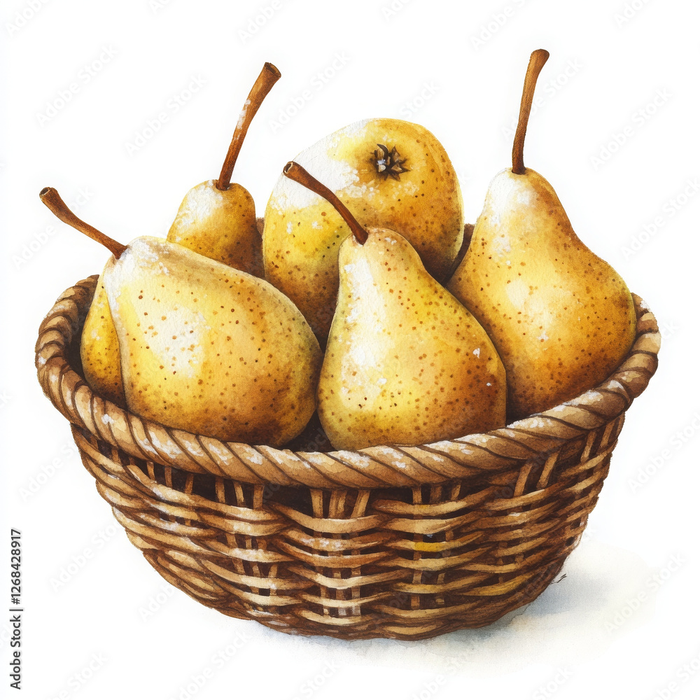 Ripe pears in basket look fresh and juicy, painted in realistic style Ripe pears in basket look fresh and juicy, painted in realistic style