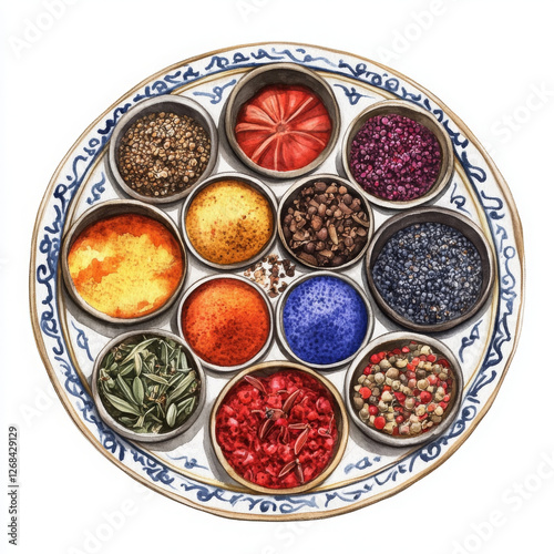 Fototapeta Naklejka Na Ścianę i Meble -  Various spices displayed artfully in delightful watercolor boho style