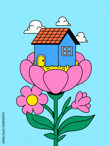 House on top of a big flower vector hand drawn illustration