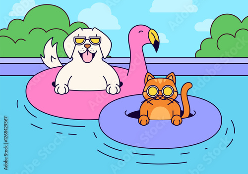 Dog and cat at the pool  on floaties cartoon hand drawn vector illustration
