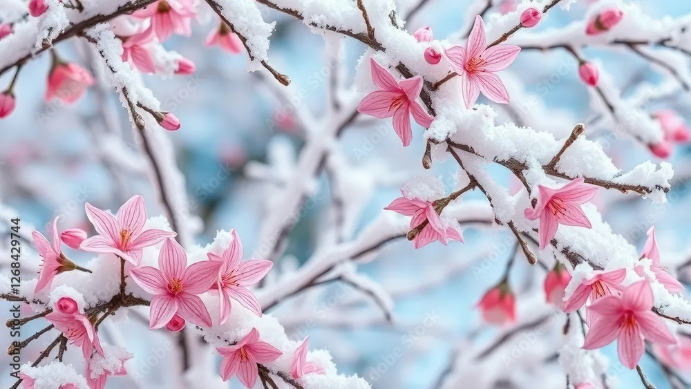 Soft pink flowers float on snowy white branches, christmas tree, winter, ornaments Soft pink flowers float on snowy white branches, christmas tree, winter, ornaments