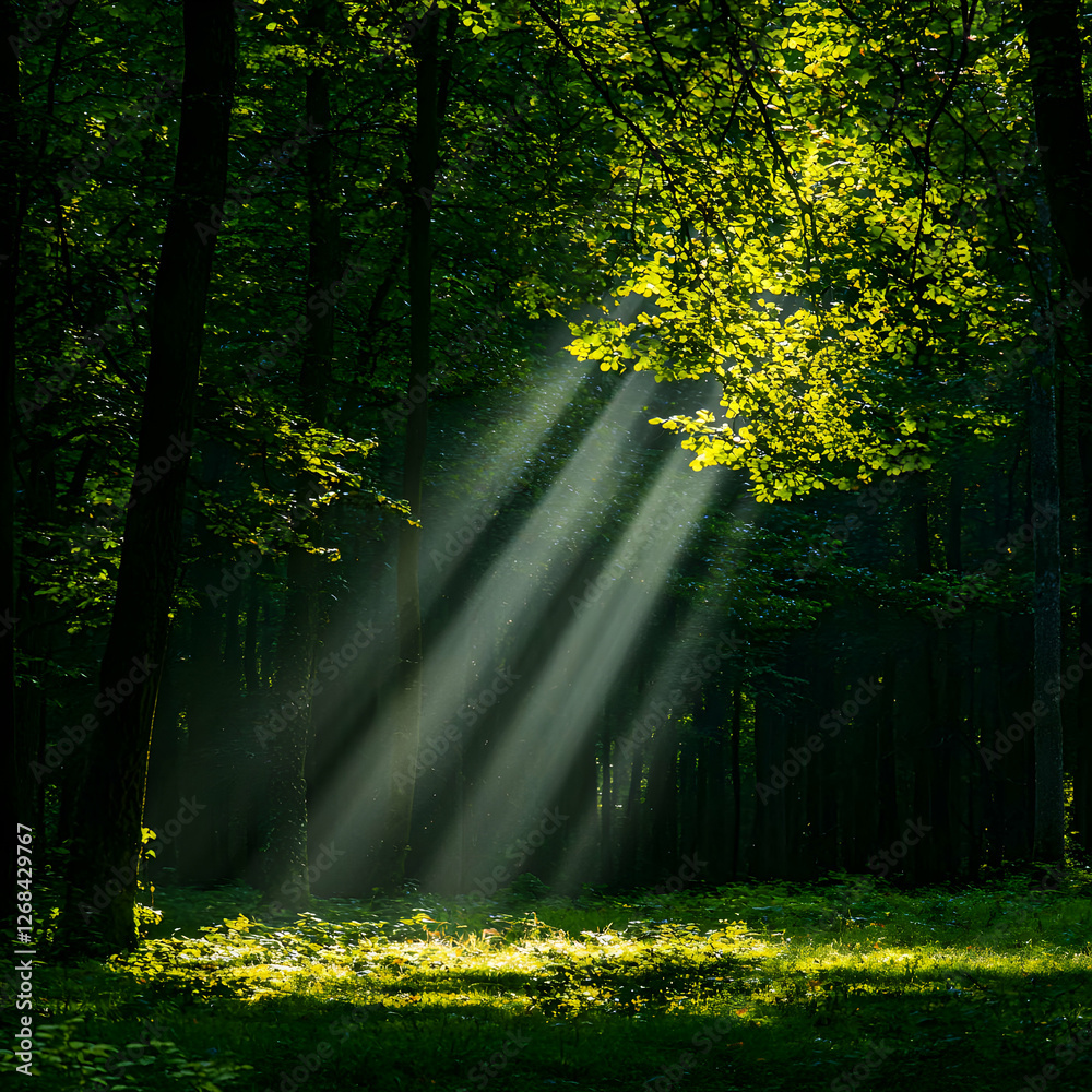 Obraz premium Sunbeams Streaming Through Lush Green Forest
