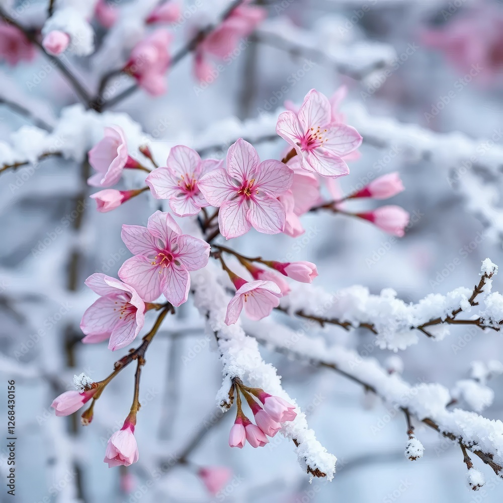 Soft pink flowers float on snowy white branches, winter, christmas tree Soft pink flowers float on snowy white branches, winter, christmas tree
