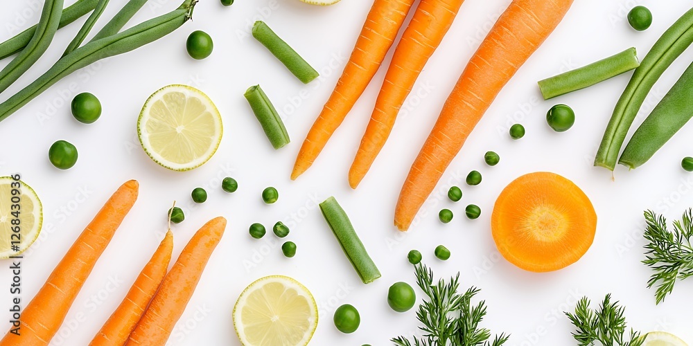Overhead Flat Lay Arrangement of Fresh Carrots Green Beans Lemons and Peas on White Overhead Flat Lay Arrangement of Fresh Carrots Green Beans Lemons and Peas on White