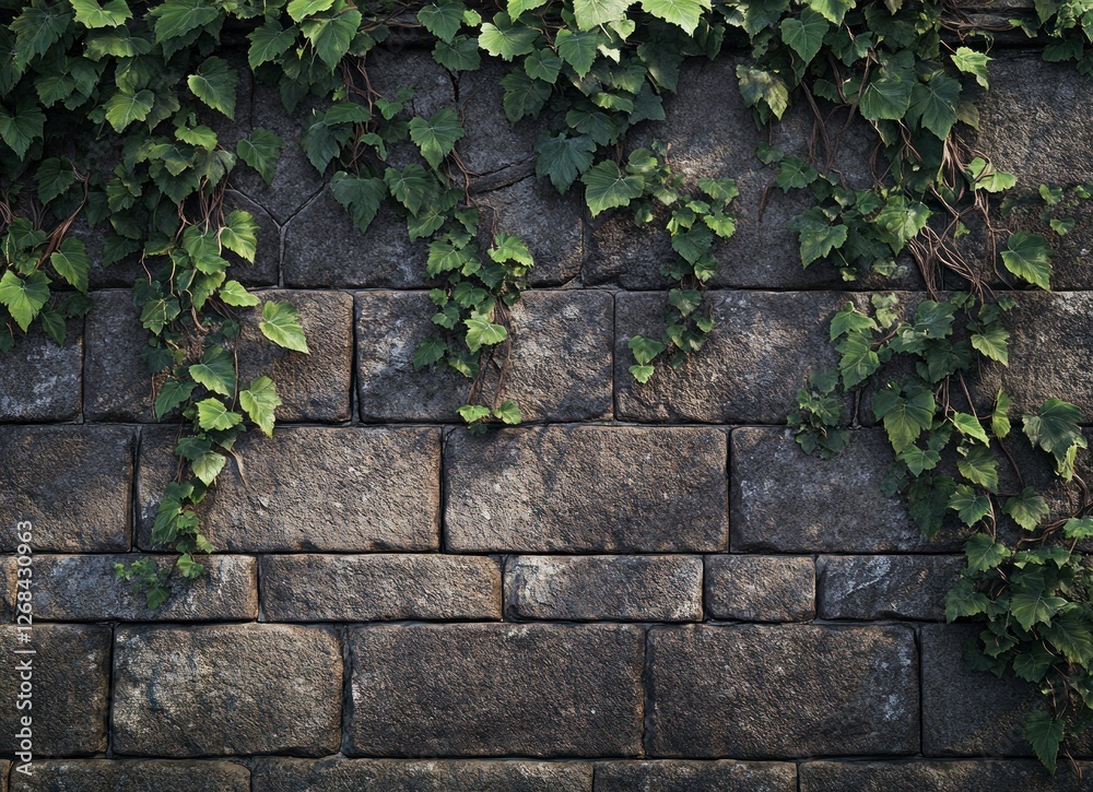 A wide shot of an old, weathered brick wall with vines growing on it. The texture is detailed and realistic, showcasing the natural beauty in aged materials. A wide shot of an old, weathered brick wall with vines growing on it. The texture is detailed and realistic, showcasing the natural beauty in aged materials.