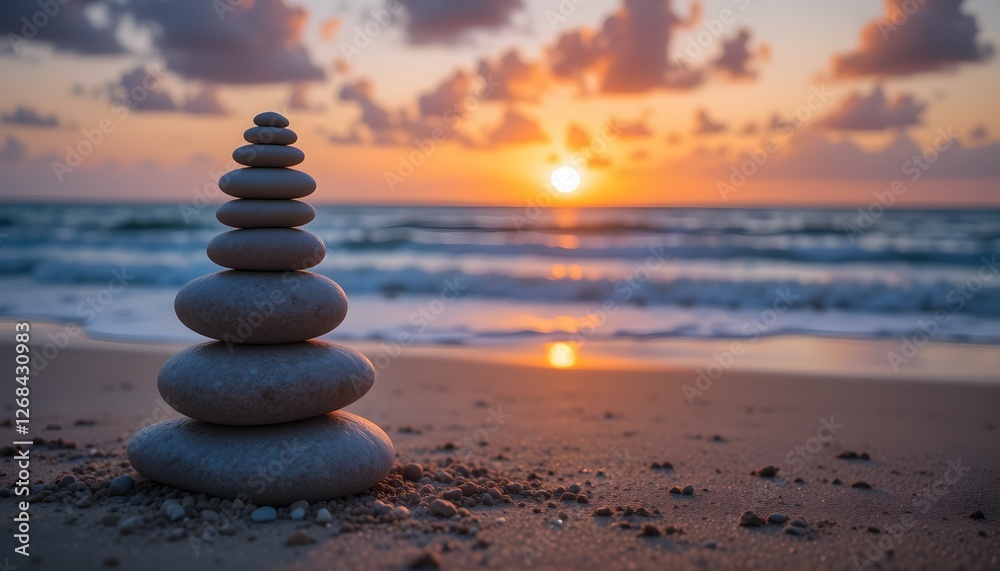 Fototapeta premium Zen Stone Stack on Beach at Sunset – Balance and Tranquility