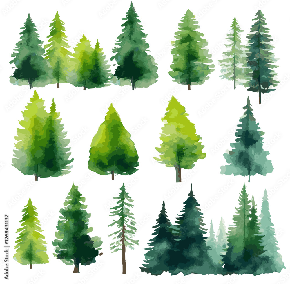 Vector illustration of an architectural north simple tree for landscape design in a watercolor style	