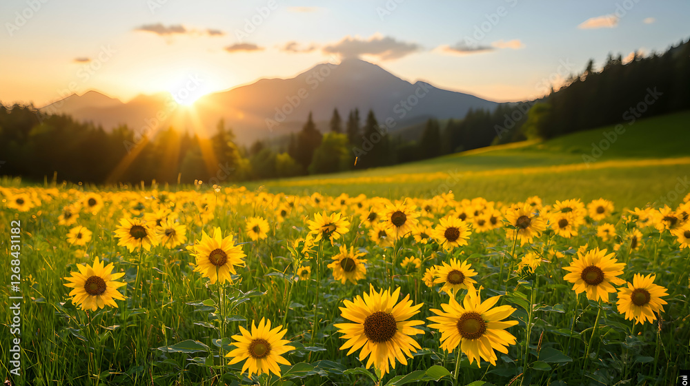 Fototapeta premium Sunflowers Field at Sunset with Mountain Background