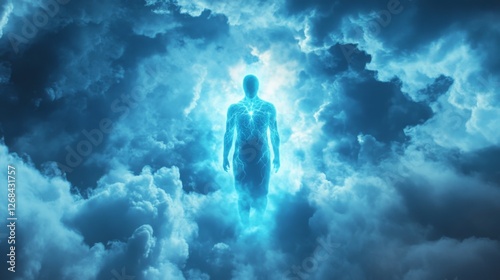 Luminous being emerges ethereal clouds mystical aura energy emanating enigmatic figure