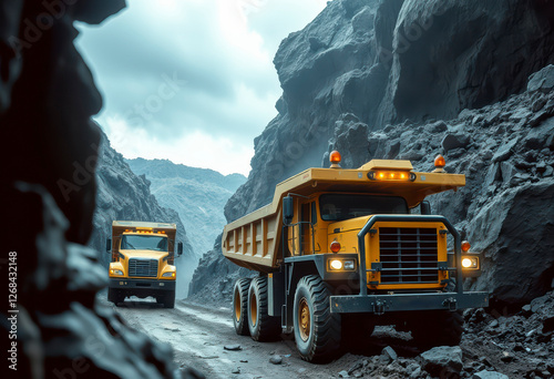 Excavator loads material into a truck in a mining site, showcasing heavy machinery in action amidst rock formations and debris.