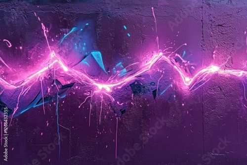 Vibrant glowing zig zag line illuminates a textured purple background