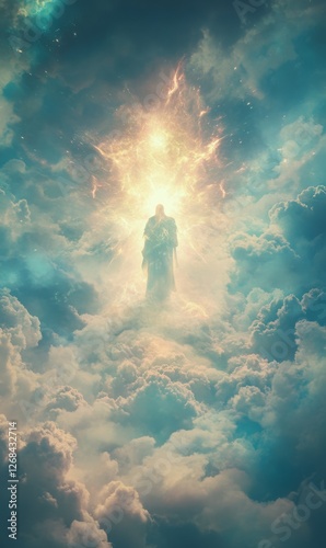 Celestial figure amid ethereal clouds, bathed in radiant light, divine emergence, sky realm