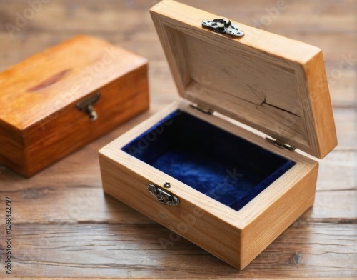 Small wooden jewelry box with open lid on wooden surface, showcasing dark blue velvetlined interior and silver lock. photo