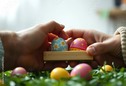 Participants enjoy a lively Easter egg knocking game, showcasing vibrant colors and playful interaction around a warm, friendly atmosphere. photo